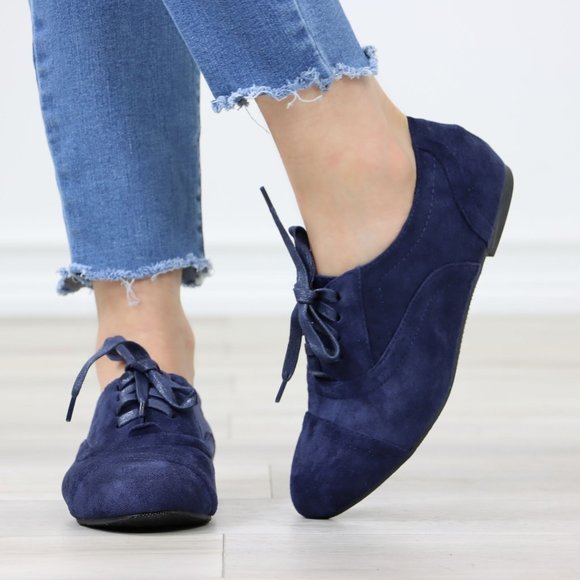 Navy Faux Suede Lace up Oxford Style Shoes Flats - Picture 8 of 12